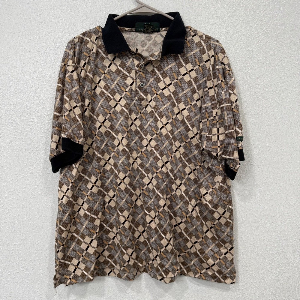 Lyle & Scott Mens Large Mercerized Cotton Polo Shirt Geometric Diamond Brown USA